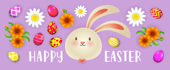 Happy Easter lettering with bunny, painted eggs and flowers. Easter greeting card. Typed text, calligraphy. For leaflets, brochures, invitations, posters or banners.