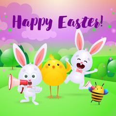 Happy Easter lettering with chick, bunnies and bee. Easter greeting card. Handwritten text, calligraphy. For leaflets, brochures, invitations, posters or banners.