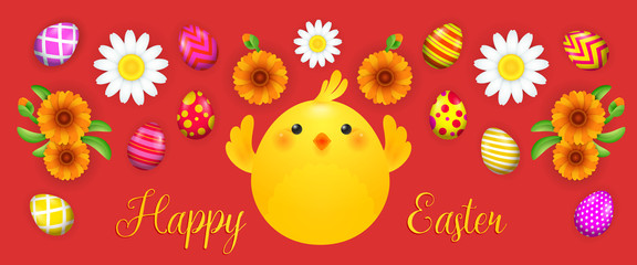 Happy Easter lettering with chick, flowers and eggs. Easter greeting card. Handwritten text, calligraphy. For leaflets, brochures, invitations, posters or banners.
