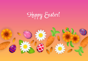 Happy Easter lettering with eggs, carrots and daisies pattern. Easter greeting card. Handwritten text, calligraphy. For leaflets, brochures, invitations, posters or banners.