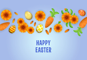 Happy Easter lettering with eggs, flowers and carrots pattern. Easter greeting card. Typed text, calligraphy. For leaflets, brochures, invitations, posters or banners.