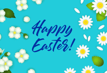 Happy Easter lettering with flowers. Easter greeting card. Handwritten text, calligraphy. For leaflets, brochures, invitations, posters or banners.