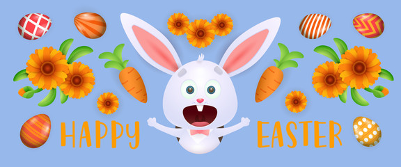 Happy Easter lettering with funny bunny, flowers and eggs. Easter greeting card. Typed text, calligraphy. For leaflets, brochures, invitations, posters or banners.
