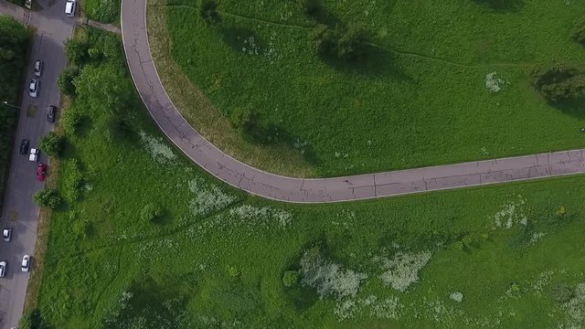 View Moscow, Krylatsky Hills, cycle track, Krylatskaya cycle road led from the drone Olympic cycle track rowing canal