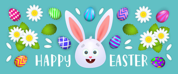 Happy Easter lettering with rabbit, flowers and eggs. Easter greeting card. Typed text, calligraphy. For leaflets, brochures, invitations, posters or banners.