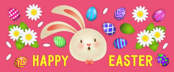 Happy Easter lettering with rabbit, flowers and painted eggs. Easter greeting card. Typed text, calligraphy. For leaflets, brochures, invitations, posters or banners.