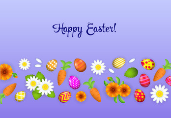 Happy Easter lettering, decorated eggs, carrots and flowers pattern. Easter greeting card. Handwritten text, calligraphy. For leaflets, brochures, invitations, posters or banners.
