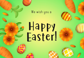 We wish you happy Easter lettering with carrots and eggs. Easter greeting card. Typed text, calligraphy. For leaflets, brochures, invitations, posters or banners.