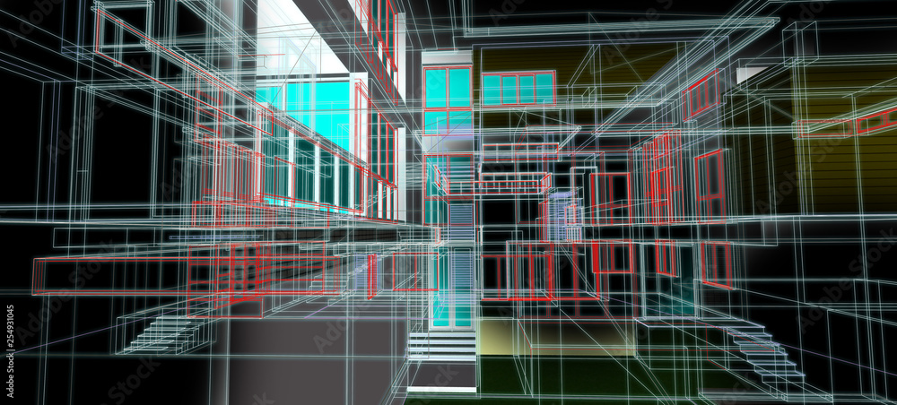 Fototapete architecture design concept 3d perspective wire frame colorful rendering with some material black ba