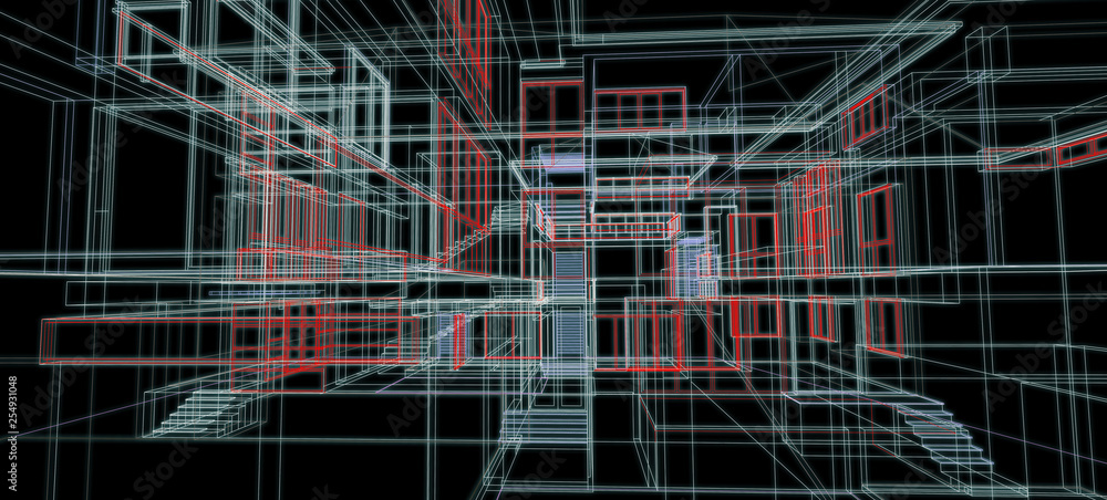 Fototapete architecture design concept 3d perspective wire frame colorful rendering black background for abstra