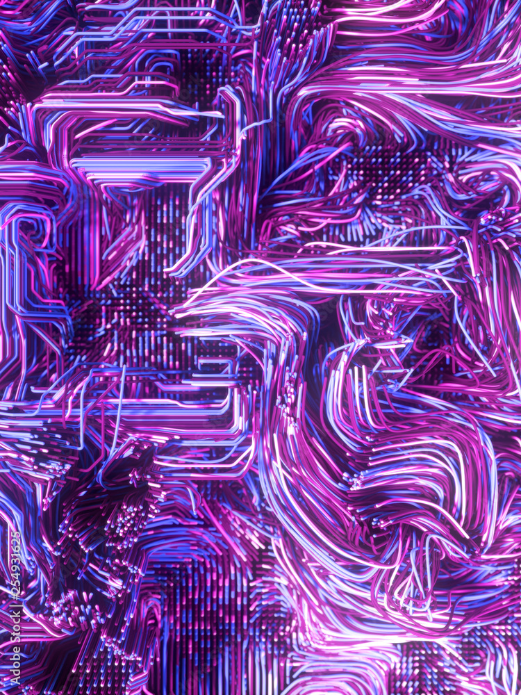 Aufkleber Psychedelic interweaving colored lines. Digital abstract background. Modern covers design. 3d rendering