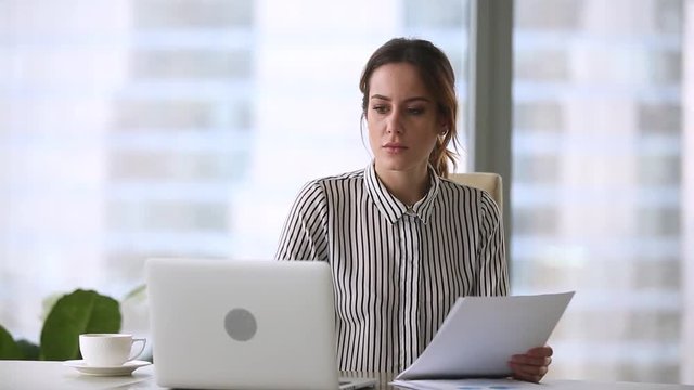 Annoyed stressed businesswoman mad about computer problem leaving office workplace