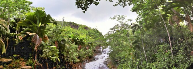 Beautiful and stunning high resolution panorama of landscape views on the Seychelles island