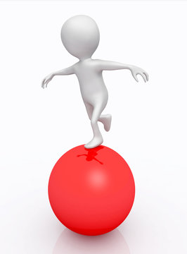 Balanceakt mit 3D Figur auf einer roten Kugel