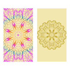 Ethnic Mandala Ornament. Templates With Mandalas. Vector Illustration For Congratulation Or Invitation. The Front And Rear Side. Rainbow, yellow color