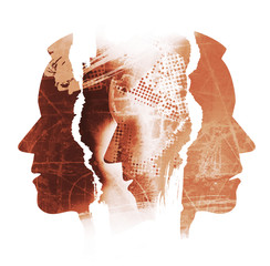 Schizophrenia, depression, male heads.  Male heads, stylized silhouettes shown in profile. Concept symbolizing schizophrenia, depression, human tragedy.Illustration on white background.