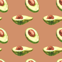 Avocado watercolor hand draw illustration isolated on white background. Seamless pattern of hand drawn avocado.