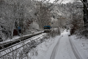 blue local train arriving through a snowy forest in winter