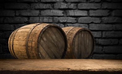 background of barrel and worn old table of wood,