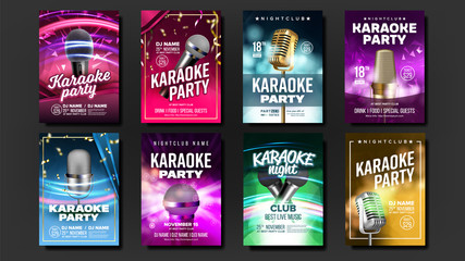 Karaoke Poster Set Vector. Mic Design. Disco Banner. Rock Fun. Vocal Sign. Media Announcement. Star Show. Modern Sound. Creative Layout. Voice Equipment. Sing Song. Dance Event. Realistic Illustration