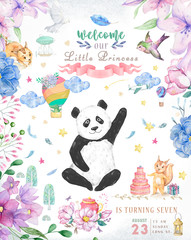 Happy Birthday card design with cute panda bear and boho flowers and floral bouquets illustration. Watercolor clip art for greeting card. Invite poscard, beauty animal. Text for celebration