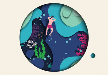 top view summe swim on the sea sunglasses, view of summer in paper craft style.paper cut and craft style. vector.