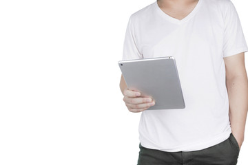 Asian young men are standing holding a digital tablet.lifestyle concept isolate on white background,clipping path