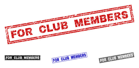 Grunge FOR CLUB MEMBERS rectangle stamp seals isolated on a white background. Rectangular seals with grunge texture in red, blue, black and gray colors.