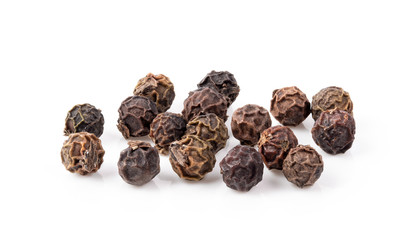 Black Peppercorns isolated on white background. full depth of field