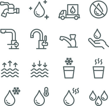 Water Icon Set. Contains such Icons as Tap, Faucet, Hot Water, No Water, Delivery and more. Expanded Stroke