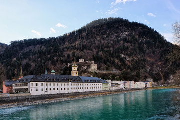 Fototapeta na wymiar Austrian Alps-view on the river Inn and town Rattenberg