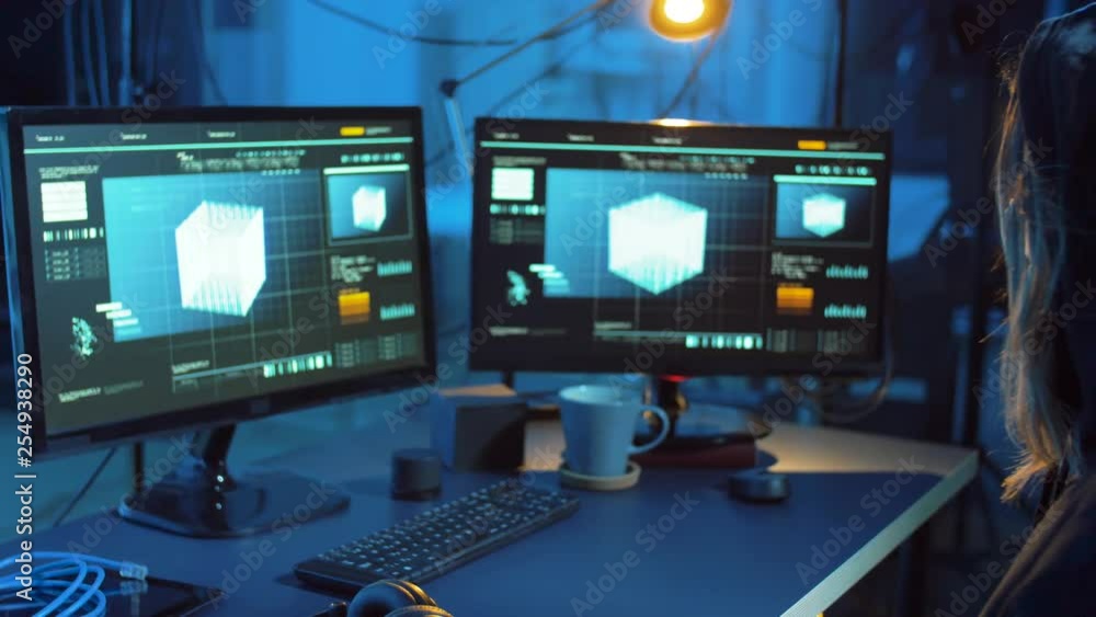 Poster cybercrime, hacking and technology concept - female hacker in dark room creating code or using compu