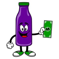 Grape Juice Mascot with a Dollar - A vector cartoon illustration of a Grape Juice Mascot holding a Dollar.