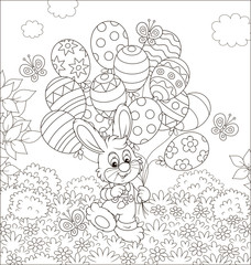 Easter Bunny with decorated balloons on a lawn among flowers on a sunny spring day, black and white vector illustration in a cartoon style for a coloring book