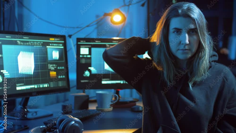 Poster cybercrime, hacking and technology concept - female hacker in dark room creating code or using compu