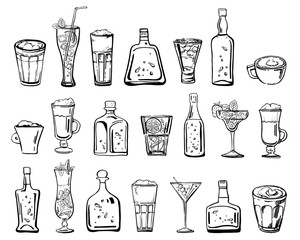 Vector outline hand drawn sketch illustration with different cocktails, coffee drinks and alcohol bottles