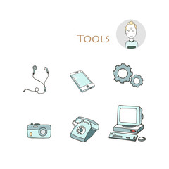 Set of hand drawn electorinc gadget icons with pc, phone, photo camera, headphones, tools, computer, laptop, monitor. Isolated clip art grunge style texture