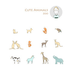 Zoo cute animals hand drawn set. Farm collection illustration, isolated clip art grunge textrure style. Cartoon wild life