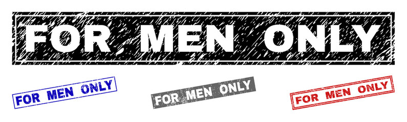 Grunge FOR MEN ONLY rectangle stamp seals isolated on a white background. Rectangular seals with grunge texture in red, blue, black and gray colors.