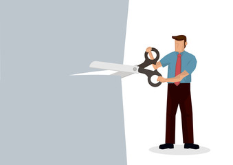 Man holding a giant scissor cutting across the paper. Concept of price cut, discount, tax cut or promotion offer. Vector illustration.