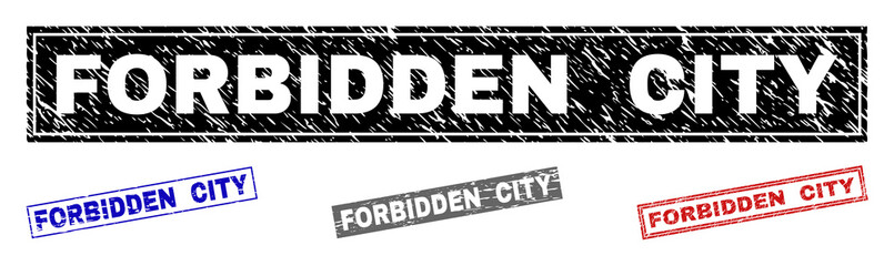 Grunge FORBIDDEN CITY rectangle stamp seals isolated on a white background. Rectangular seals with grunge texture in red, blue, black and gray colors.