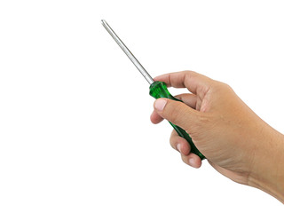 The man holds a screwdriver in his hand on a white background, isolate