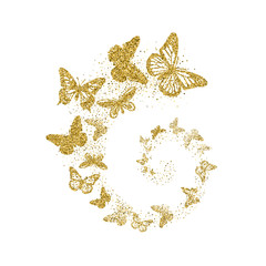 Golden glitter butterflies fly in spiral on white background. Beautiful gold silhouettes with different shapes wings. For invitation, fashion, decorative abstract design elements. Vector illustration