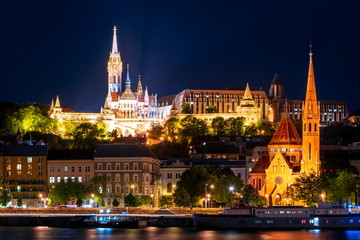 Fisherman's Bastion and Calvinist Church at night, Budapest, Hungary