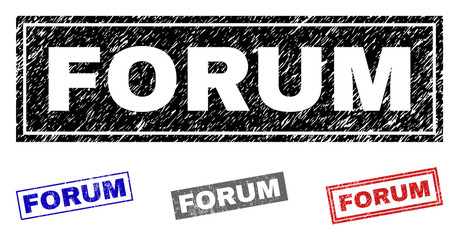 Grunge FORUM rectangle stamp seals isolated on a white background. Rectangular seals with grunge texture in red, blue, black and grey colors.