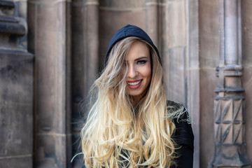 Fototapeta premium young sexy russian hard rock biker girl in the city of eden