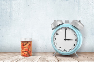 3d rendering of a light-blue alarm clock and an orange pills jar standing on a wooden table near a wall.