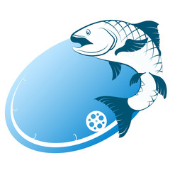 Blue fish and fishing rod with silhouette float