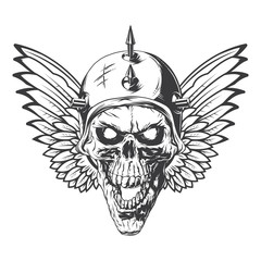 Hand drawn illustration of a biker skull and wings. Isolated on white background.