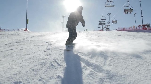 Unrecognizable male snowboarder ride on hill and starts the flow of snow